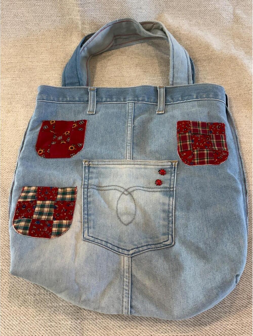 Vintage Upcycled Denim Patchwork Tote Bag Towncraft Jeans Floral Lining Boho